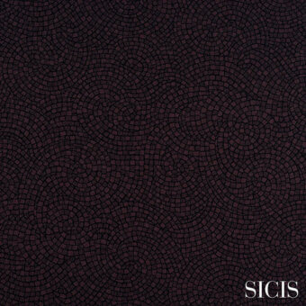 Sicis Astrea fabric, wine and charcoal gray, swirling rectangular pattern with concentric ripple effect and textured finish.