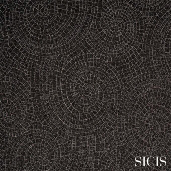 Sicis fabric texture, black and gray radial pattern, concentric circles with granular surface and white brand script.