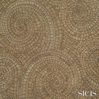 Champagne-toned fabric texture features concentric circles in a mosaic pattern, with subtle shading and a slightly rough surface, labeled “sicis fancy champagne”.