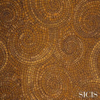 Gold and bronze mosaic tile pattern with concentric circles radiating from the center, featuring SICIS branding.