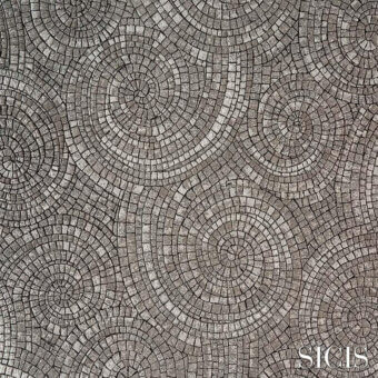 Circular grayscale mosaic texture with metallic sheen, displaying “SICIS” branding and “fancy platinum” fabric detail against a white backdrop.