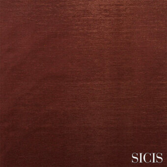 Sicis Lorica fabric sample in chocolate brown features a matte, linear texture with a brushed grain and brand text detail.