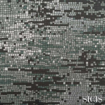 Sicis Numen fabric panel, green and gray mosaic tiles, abstract foliage pattern with textured, pixelated surface and brand logo.