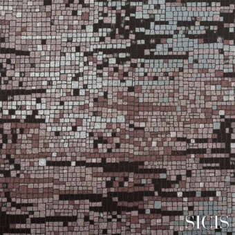 Sicis Numen mosaic tile design, muted charcoal gray, dusty rose, and beige tones, abstract blurred organic form with subtle brand imprint.