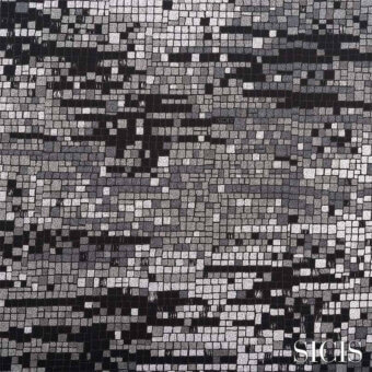 Sicis Numen silver mosaic tile surface with gray, black, and silver square tesserae forming an abstract facial pattern and branded script.