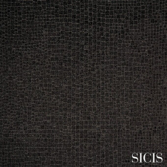 Mosaic tile surface, dark gray and black tesserae, square grid pattern with light gray grout, matte finish, SICIS brand detail.