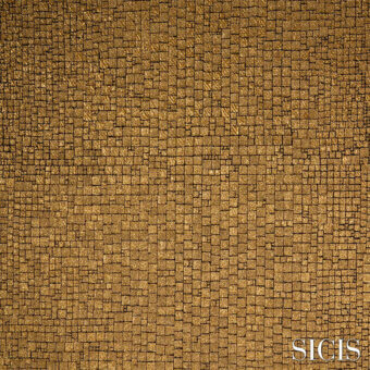 Golden mosaic tile texture with square tesserae, subtle bronze & amber tones, and a slightly weathered, handcrafted surface; SICIS branding.