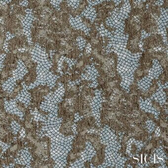 Sicis Samarcanda Azul fabric texture with irregular blue, gray, and brown mosaic tesserae, displaying a dense, subtly iridescent pattern.