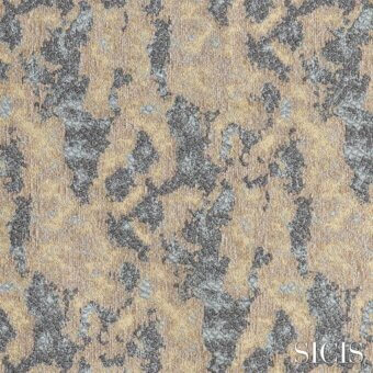 Sicis fabric sample, grey sand color, irregular mottled pattern resembling eroded stone with a textured, dimensional weave and watermark.