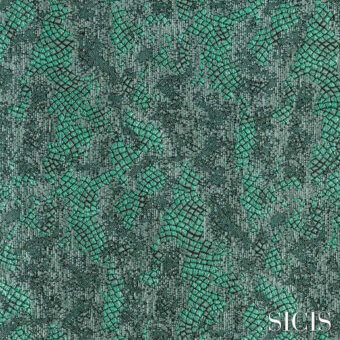 Sicis Samarcanda fabric, jade green and charcoal gray, displays an intricate repeating pattern with a raised, textured weave.