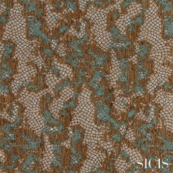 Sicis Samarcanda fabric sample in petrol blue features a dense, circular mosaic pattern with brown and beige accents, textured weave.