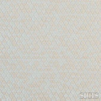 Sicis Trigono fabric, cream geometric texture with staggered diamond pattern, light beige and pale gray tones, subtle 3D effect.