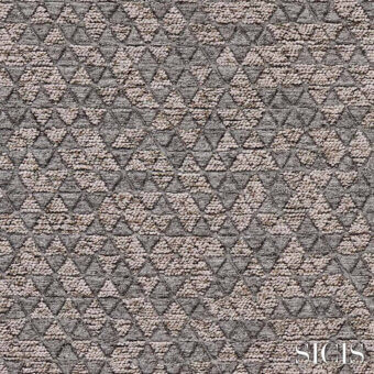 Sicis fabric sample, trigono grey, displays a repeating diamond grid of raised triangular shapes in muted grey tones with granular texture.