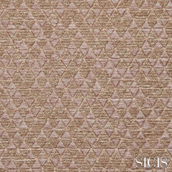 Sicis fabric sample, beige geometric triangles, dense woven texture with subtle tonal variations and outlined pattern.
