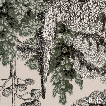 Fabric pattern, beige background, black and white bird among olive green and dark gray trees, detailed linework, matte finish.