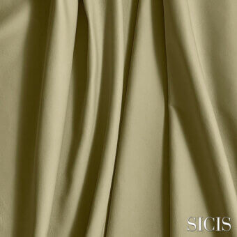 Olive green textile sample with soft folds, displaying a smooth matte texture and slight sheen, branded with the SICIS logo.