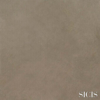 SICIS tile sample, matte taupe finish, textured surface resembling distressed leather, with brand name and collection details.