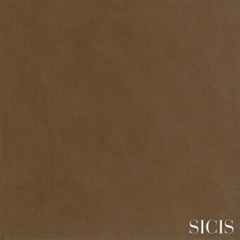 Sicis Nevada Mud leather texture sample, earthy brown suede finish, matte surface with tonal variations, light gray background, white logo.