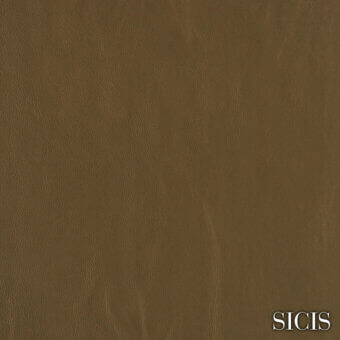 Leather texture sample, earthy brown with mottled grain, matte finish, and subtle distressing; SICIS logo in gold.