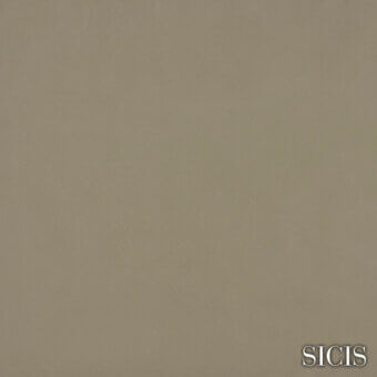 SICIS leather sample in oregon flax, a muted gray with beige undertones, featuring a matte, granular texture and gold lettering.