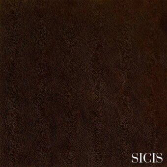 Brown leather texture sample with mottled grain, matte finish, and subtle tonal variations; “sicis oregon ground” labeling visible.