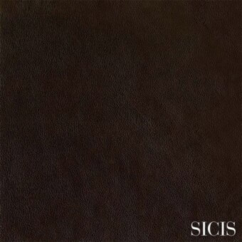 Dark brown leather-like texture sample with dense pores, subtle graining, and matte finish; features white “SICIS” branding.
