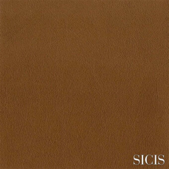 Leather texture sample, medium brown, fine grain with matte finish; SICIS brand, “oregon natural” finish indicated.