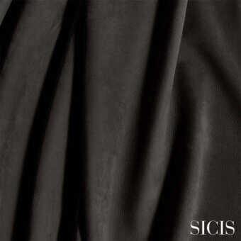 Black leather material, SICIS Vermont asphalt, displays a textured grain with matte finish and soft folds against a dark background.