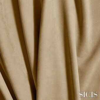 Vermont caramel leather texture with natural grain, folded planes, and subtle tonal variations; SICIS branding visible.