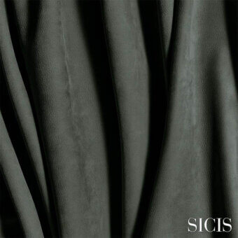 Sicis Vermont Elephant leather sample in olive-green, displaying vertical folds and a natural grain texture against a dark gray backdrop.