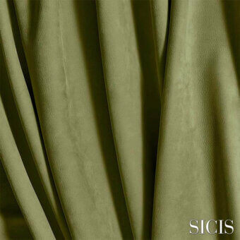 Sicis leather Vermont Moss, textured matte surface with vertical folds, earthy green tone, dark gray background, white logo detail.