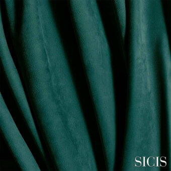 Leather sample in teal green, exhibiting textured folds and a pebbled grain, with “SICIS” branding and “Vermont petroleum” product details.