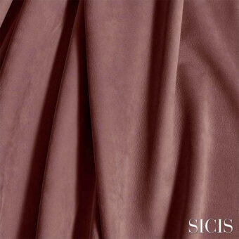 Vermont Raspberry leather texture by Sicis, showing a pebbled surface, matte finish, and draped panels in deep raspberry coloring.