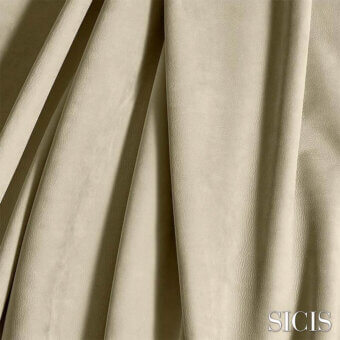 Sicis Vermont leather sample in smoky gray, full-grain texture, overlapping folds, matte finish, brand name visible on neutral background.