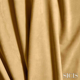 Leather textile, tobacco-brown, draped folds with a pebbled surface; SICIS brand visible, neutral background, diffused lighting.