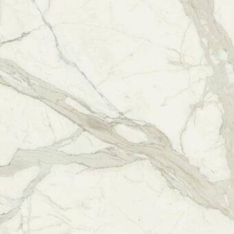 Calacatta ceramic texture, white with gray and beige veining, polished finish displaying irregular swirling patterns and a smooth, dense surface.