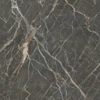 Dark gray marble texture, “cv ombra di caravaggio” by Sovet Italia, features white and reddish-brown veining in a polished, web-like pattern.