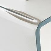 Automotive panel with chrome accent, sculpted diagonal shape, and blue-grey trim, smooth glossy finish, studio lighting.