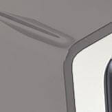 Gray and white cabinet detail, smooth white panel with rounded edges, recessed vent, matte finish, black handle, minimalist design.