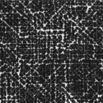 Polyester fabric sample, black and white, featuring a dense, branching network pattern with irregular clusters and subtle text markings.