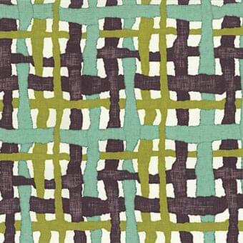 Polypropylene fabric sample, muted teal geometric pattern, woven texture with olive green and off-white lines on charcoal gray background.