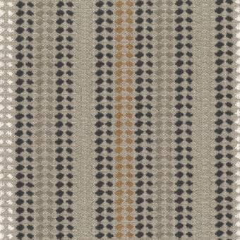 Fabric sample, polyolefin & polyester blend, featuring vertical stripes in beige, gray-brown, terracotta, and dark gray dots with a woven texture.