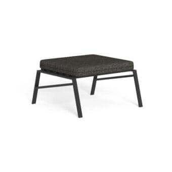 Square ottoman, dark gray woven fabric cushion, dark gray metal frame with minimalist geometric legs, studio shot.