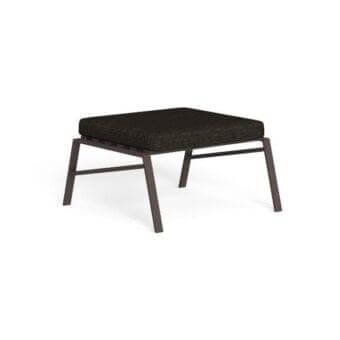 Square ottoman, dark brown textured cushion, dark gray metal frame with rectangular shape and crossbar leg supports, studio shot.