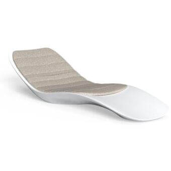 Talenti Reef lounger, white polyethylene, curved shell with beige striped fabric panel and minimalist base for outdoor use.