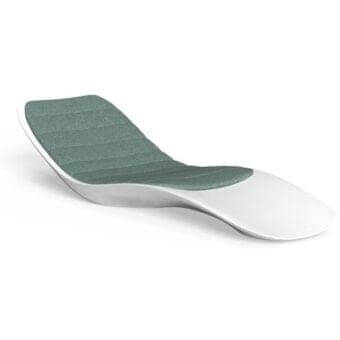 Talenti Reef lounger, white plastic frame, gray ribbed fabric upholstery, curved design with contoured backrest and raised headrest.