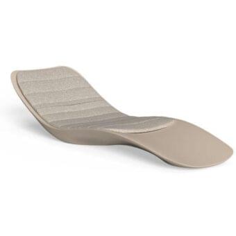 Beige plastic lounger with gray striped fabric padding, curved backrest, wide base, minimalist modern design, matte finish, studio shot.