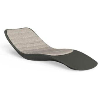 Talenti Reef lounger, dark gray molded plastic shell, light gray ribbed fabric cushion, minimalist organic form, studio shot.
