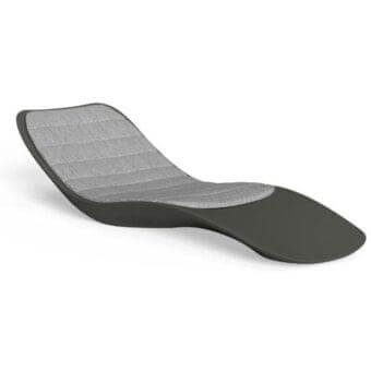 Talenti Reef lounger, dark gray molded plastic base, light gray ribbed fabric seat, horizontal panel backrest, minimalist contemporary design.