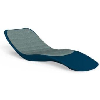 Talenti Reef lounger, teal blue shell, gray ribbed cushion, sculptural form, modern outdoor furniture, studio product shot.
